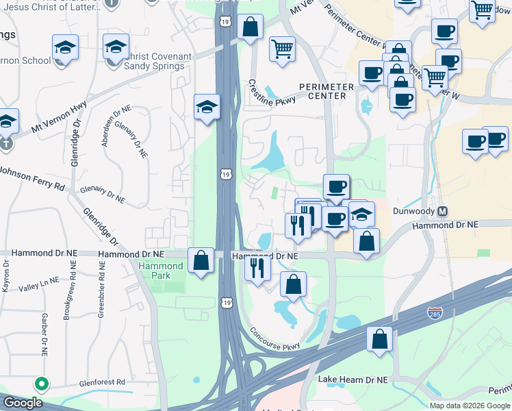 map of restaurants, bars, coffee shops, grocery stores, and more near 56 Dunwoody Springs Drive in Atlanta