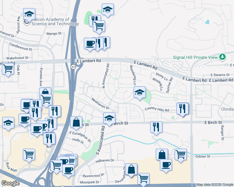 map of restaurants, bars, coffee shops, grocery stores, and more near 2050 Fallingleaf Circle in Brea