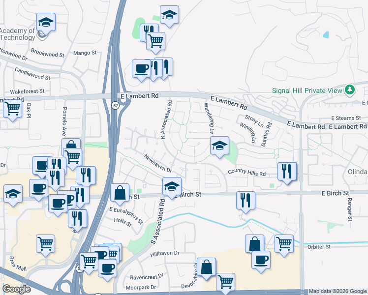 map of restaurants, bars, coffee shops, grocery stores, and more near 2004 Arbor Circle in Brea