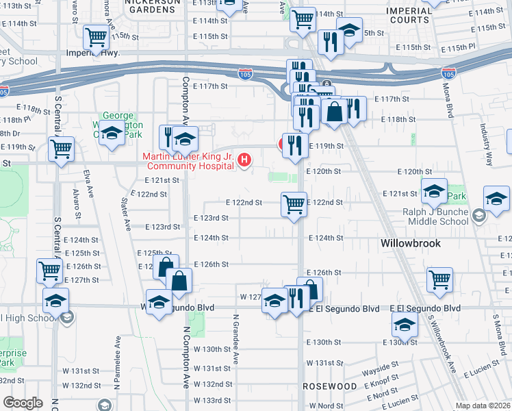 map of restaurants, bars, coffee shops, grocery stores, and more near 1726 East 122nd Street in Los Angeles