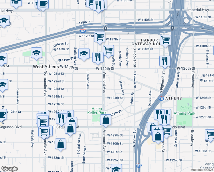 map of restaurants, bars, coffee shops, grocery stores, and more near 12300 Vermont Avenue in Los Angeles