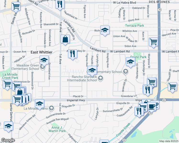 map of restaurants, bars, coffee shops, grocery stores, and more near 12020 Tigrina Avenue in Whittier