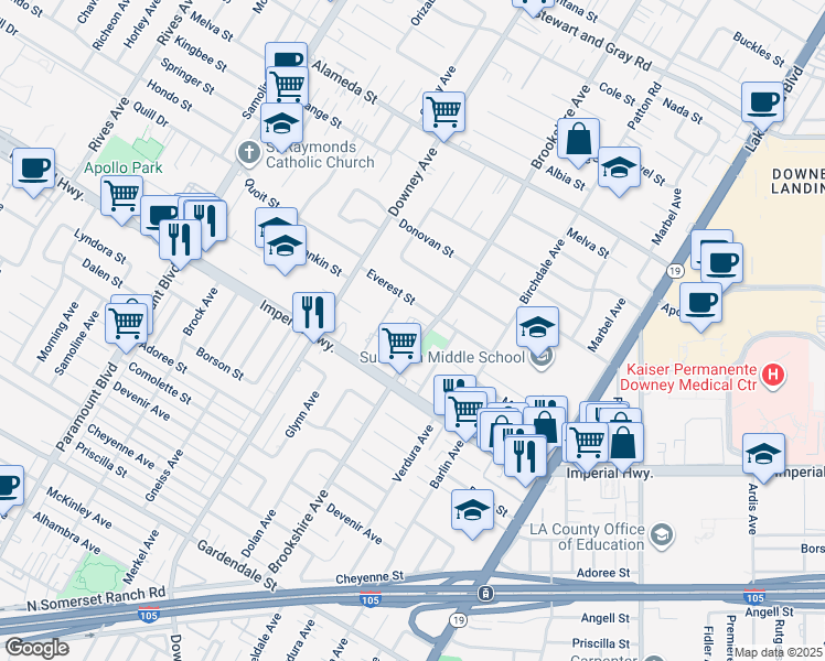 map of restaurants, bars, coffee shops, grocery stores, and more near 12525 Brookshire Avenue in Downey