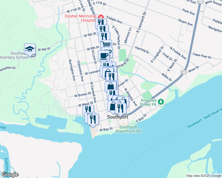 map of restaurants, bars, coffee shops, grocery stores, and more near 102 West Brown Street in Southport