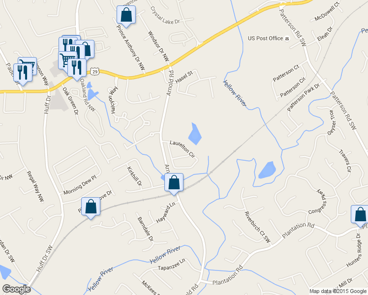 map of restaurants, bars, coffee shops, grocery stores, and more near 286 Laurelton Circle Southwest in Lawrenceville