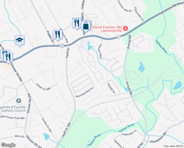 map of restaurants, bars, coffee shops, grocery stores, and more near 133 Haven Oak Way in Lawrenceville