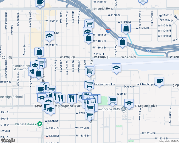 map of restaurants, bars, coffee shops, grocery stores, and more near 12301 Prairie Avenue in Hawthorne