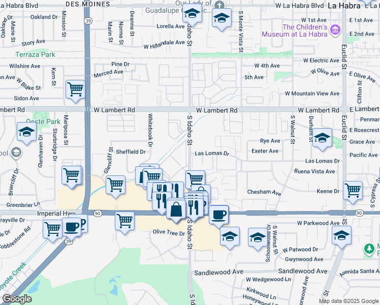 map of restaurants, bars, coffee shops, grocery stores, and more near 945 South Idaho Street in La Habra