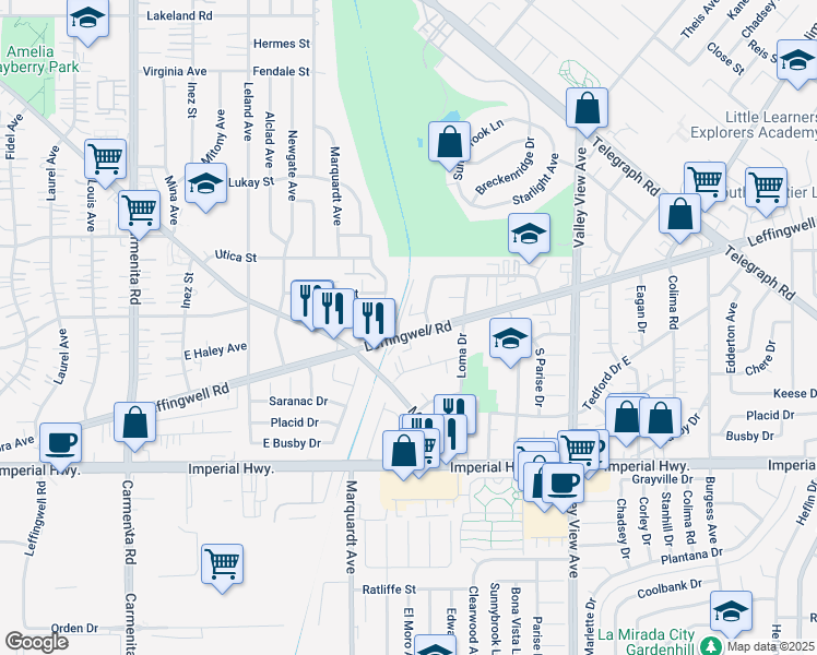 map of restaurants, bars, coffee shops, grocery stores, and more near 13857 Leffingwell Road in Whittier