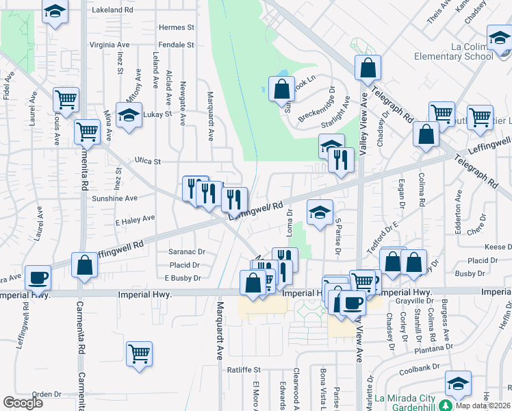 map of restaurants, bars, coffee shops, grocery stores, and more near 13870 Leffingwell Road in Whittier