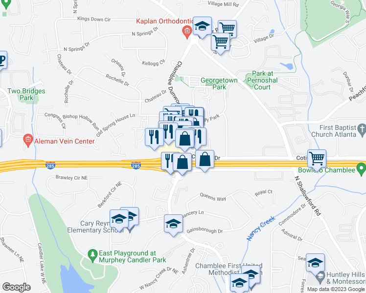 map of restaurants, bars, coffee shops, grocery stores, and more near 4468 Chamblee Dunwoody Road in Dunwoody