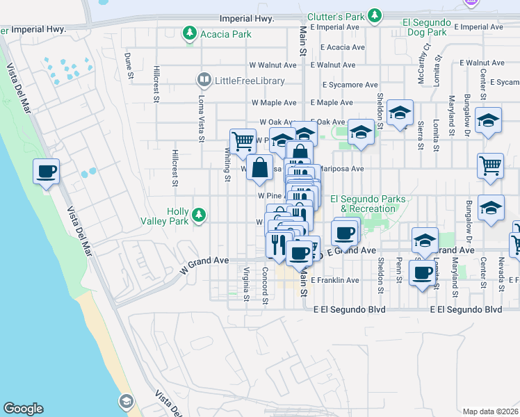 map of restaurants, bars, coffee shops, grocery stores, and more near 402 Virginia Street in El Segundo