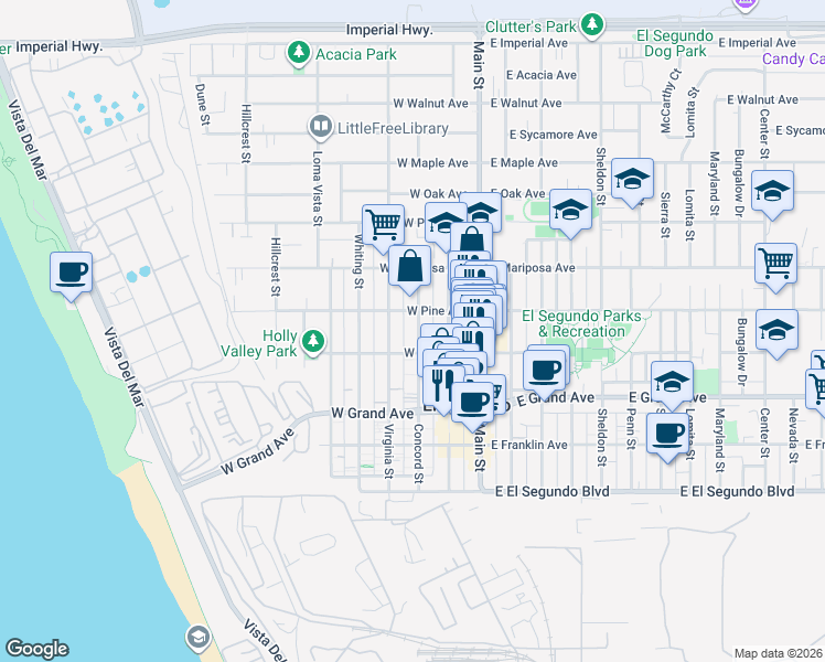 map of restaurants, bars, coffee shops, grocery stores, and more near 423 Concord Street in El Segundo