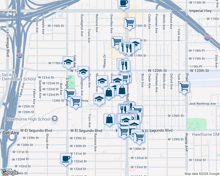 map of restaurants, bars, coffee shops, grocery stores, and more near 12250 Grevillea Avenue in Hawthorne