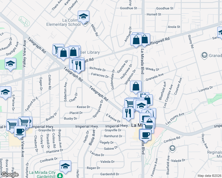 map of restaurants, bars, coffee shops, grocery stores, and more near 11925 Goldendale Drive in La Mirada