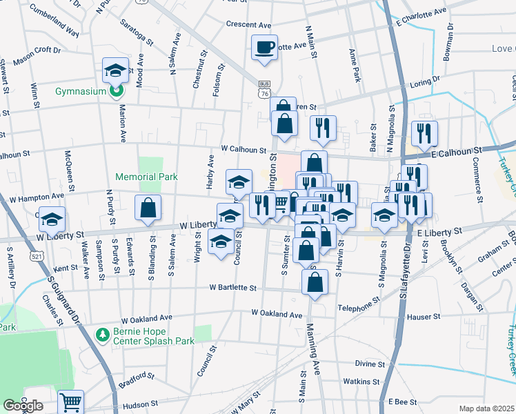map of restaurants, bars, coffee shops, grocery stores, and more near 219 West Liberty Street in Sumter