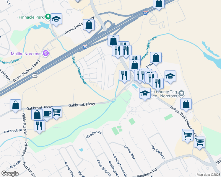 map of restaurants, bars, coffee shops, grocery stores, and more near 1583 Cove Creek Circle in Norcross