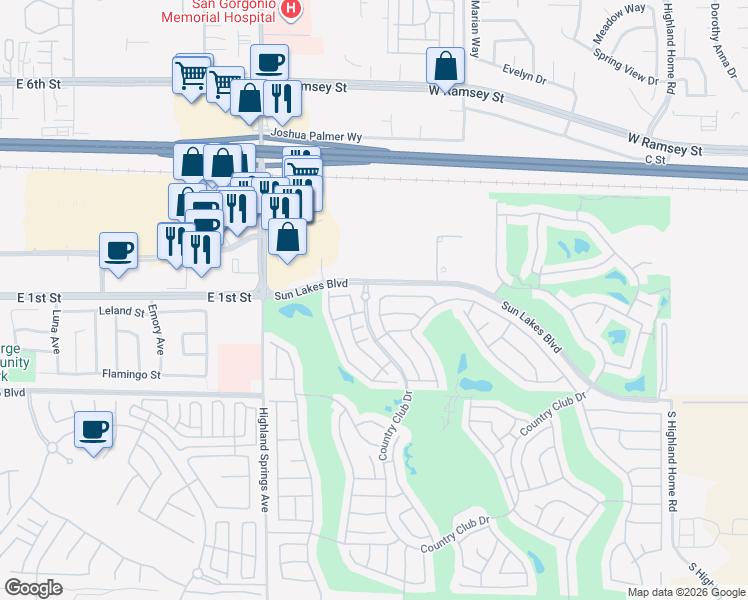map of restaurants, bars, coffee shops, grocery stores, and more near 429 Indian Wells Road in Banning