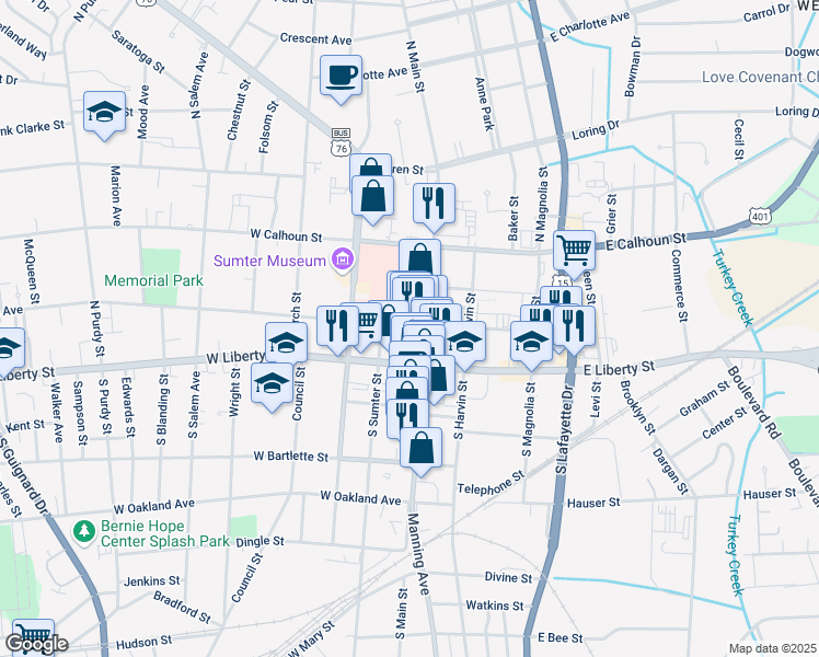 map of restaurants, bars, coffee shops, grocery stores, and more near 10 West Hampton Avenue in Sumter