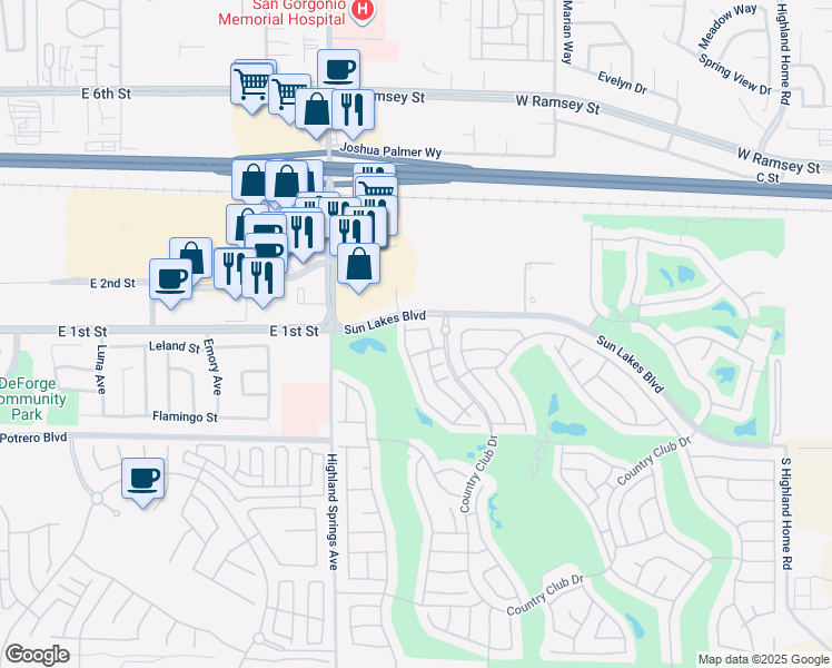 map of restaurants, bars, coffee shops, grocery stores, and more near 6170 Wingfoot Avenue in Banning