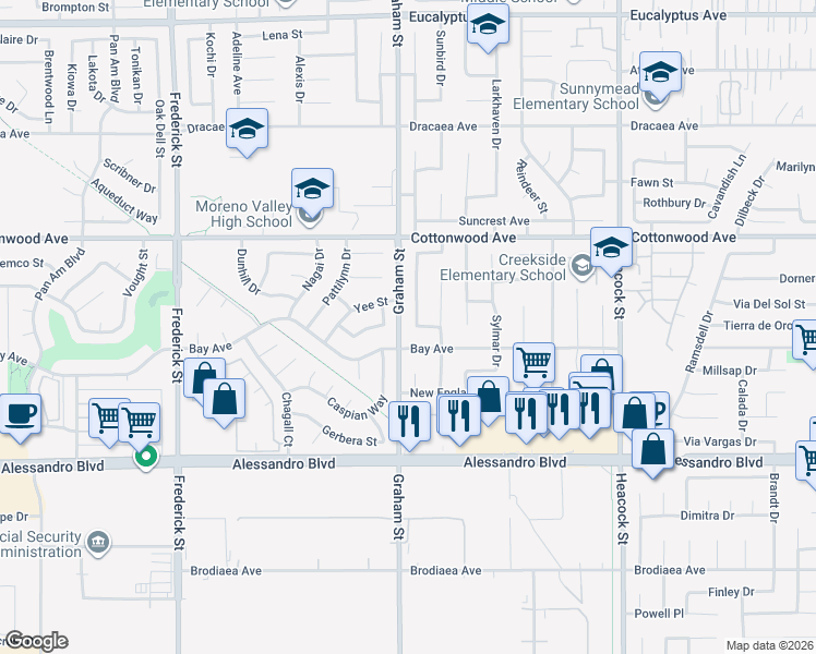 map of restaurants, bars, coffee shops, grocery stores, and more near 23530 Bay Avenue in Moreno Valley