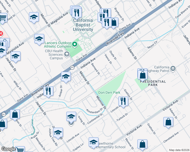 map of restaurants, bars, coffee shops, grocery stores, and more near 8676 Marlene Street in Riverside