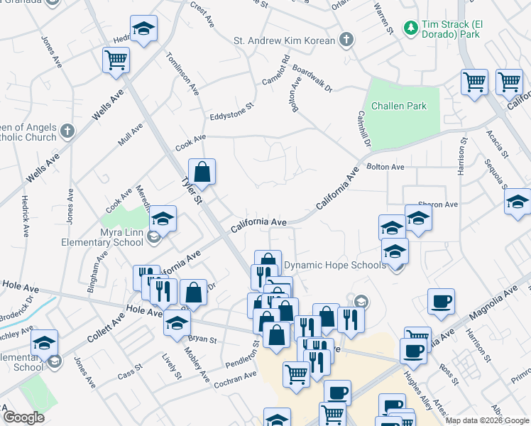 map of restaurants, bars, coffee shops, grocery stores, and more near 10268 California Avenue in Riverside