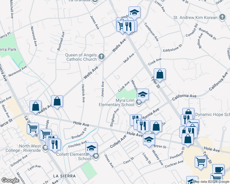 map of restaurants, bars, coffee shops, grocery stores, and more near 10490 Cook Avenue in Riverside