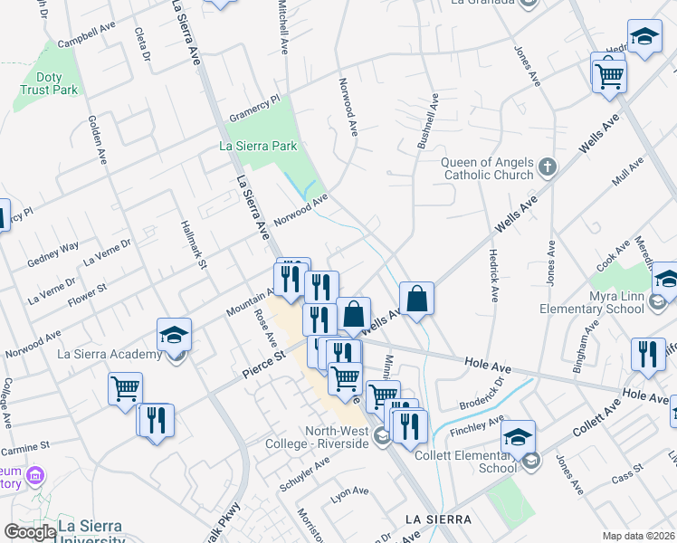 map of restaurants, bars, coffee shops, grocery stores, and more near 11021 Bushnell Avenue in Riverside