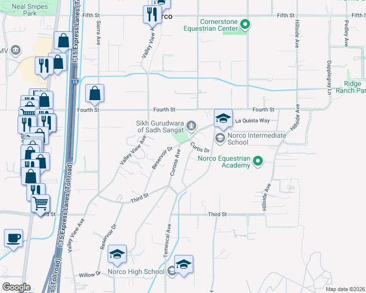 map of restaurants, bars, coffee shops, grocery stores, and more near 2698 Corona Avenue in Norco