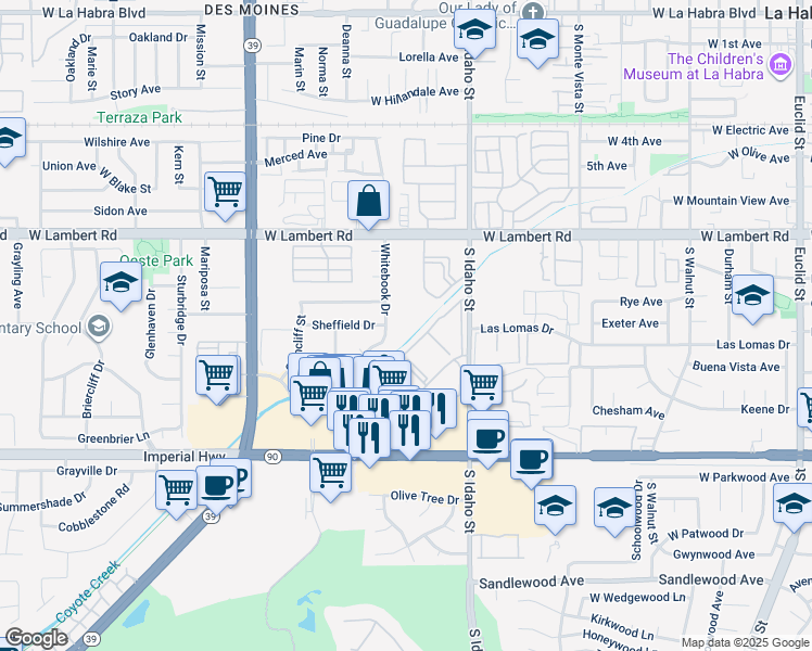 map of restaurants, bars, coffee shops, grocery stores, and more near 945 South Idaho Street in La Habra