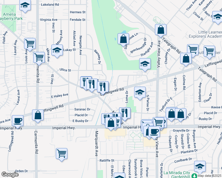map of restaurants, bars, coffee shops, grocery stores, and more near 13840 Leffingwell Road in Whittier