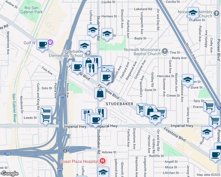 map of restaurants, bars, coffee shops, grocery stores, and more near 11012 Firestone Boulevard in Norwalk