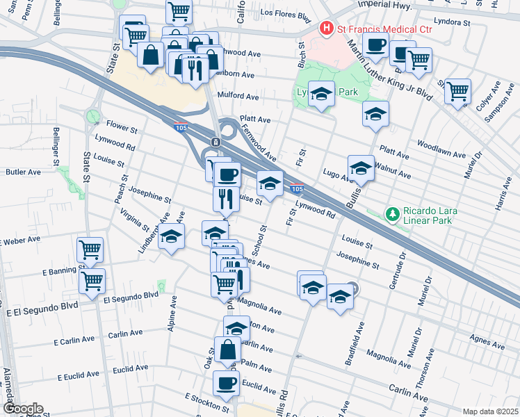 map of restaurants, bars, coffee shops, grocery stores, and more near 3565 Josephine Street in Lynwood