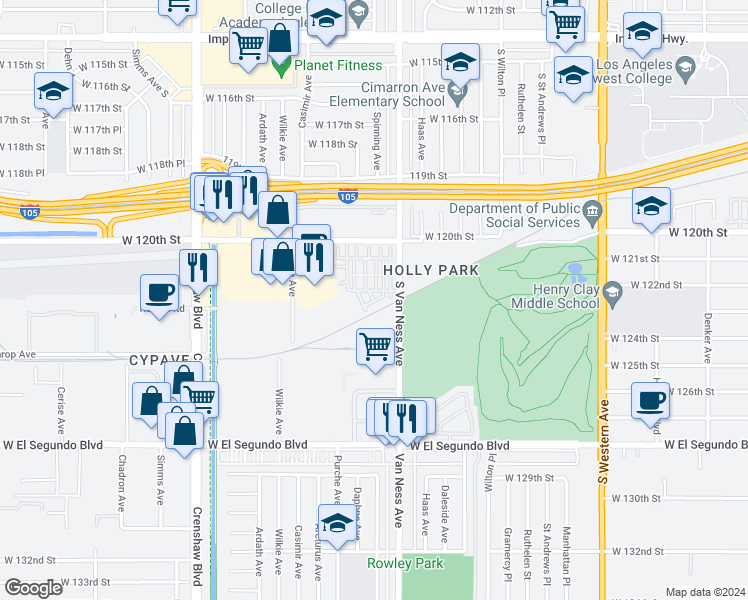 map of restaurants, bars, coffee shops, grocery stores, and more near 12333 South Van Ness Avenue in Hawthorne