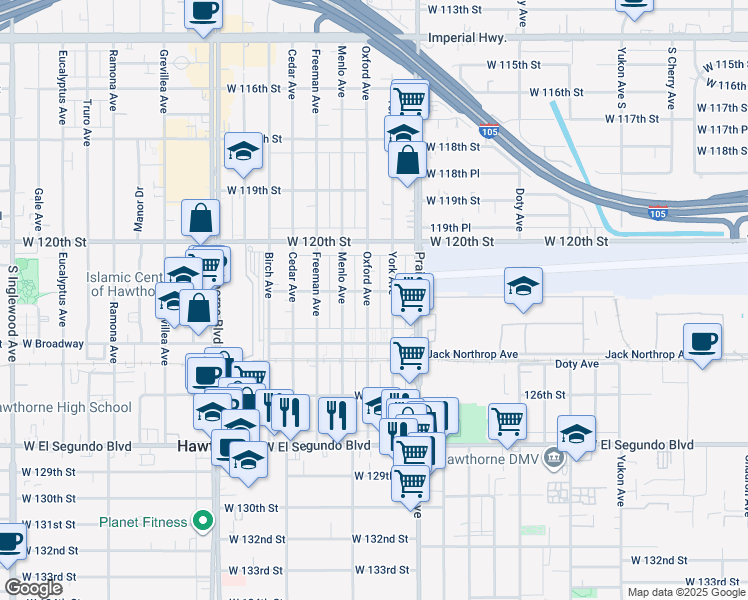 map of restaurants, bars, coffee shops, grocery stores, and more near 12301 York Avenue in Hawthorne