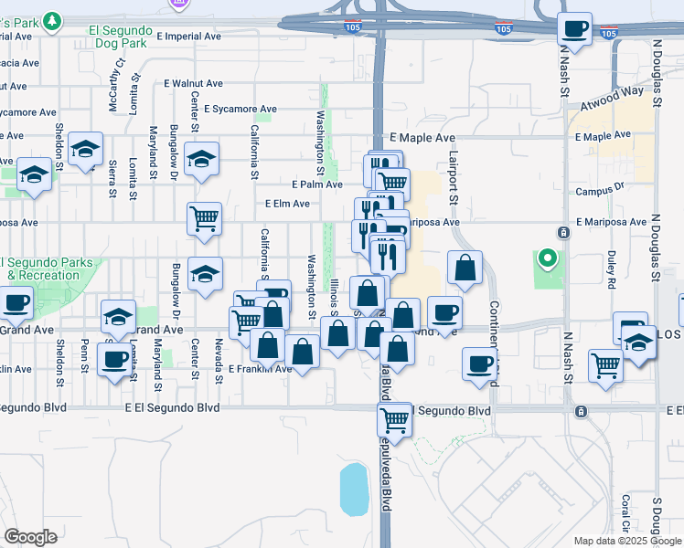 map of restaurants, bars, coffee shops, grocery stores, and more near 400 Illinois Street in El Segundo