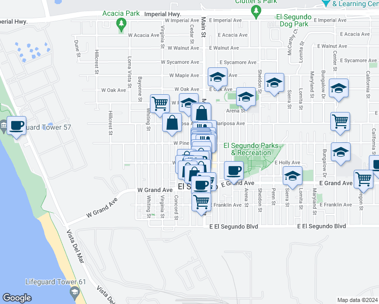 map of restaurants, bars, coffee shops, grocery stores, and more near 401 Richmond Street in El Segundo