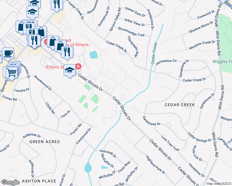 map of restaurants, bars, coffee shops, grocery stores, and more near 1395 Cedar Shoals Drive in Athens
