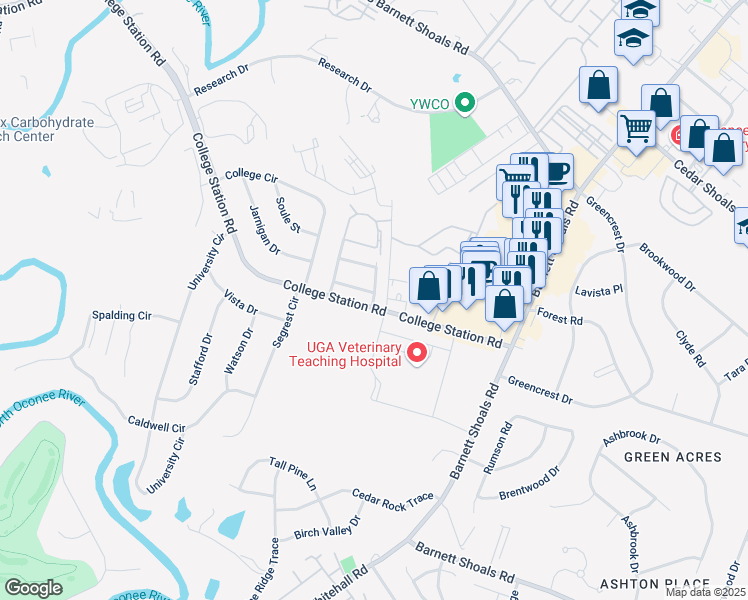 map of restaurants, bars, coffee shops, grocery stores, and more near 2200 College Station Road in Athens