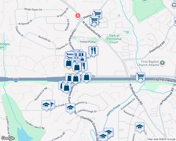 map of restaurants, bars, coffee shops, grocery stores, and more near 1850 Cotillion Drive in Dunwoody