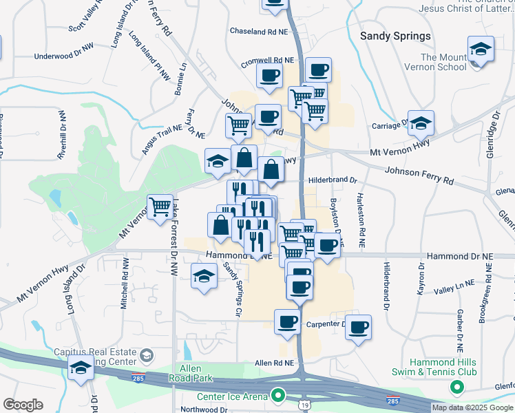 map of restaurants, bars, coffee shops, grocery stores, and more near 121-151 Sandy Springs Place Northeast in Sandy Springs