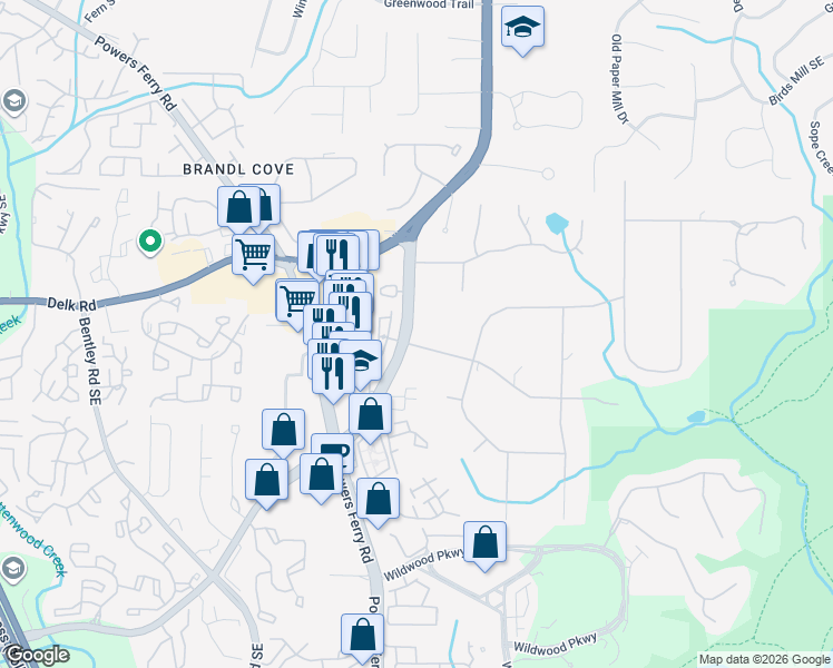 map of restaurants, bars, coffee shops, grocery stores, and more near 3080 Brookview Road in Marietta