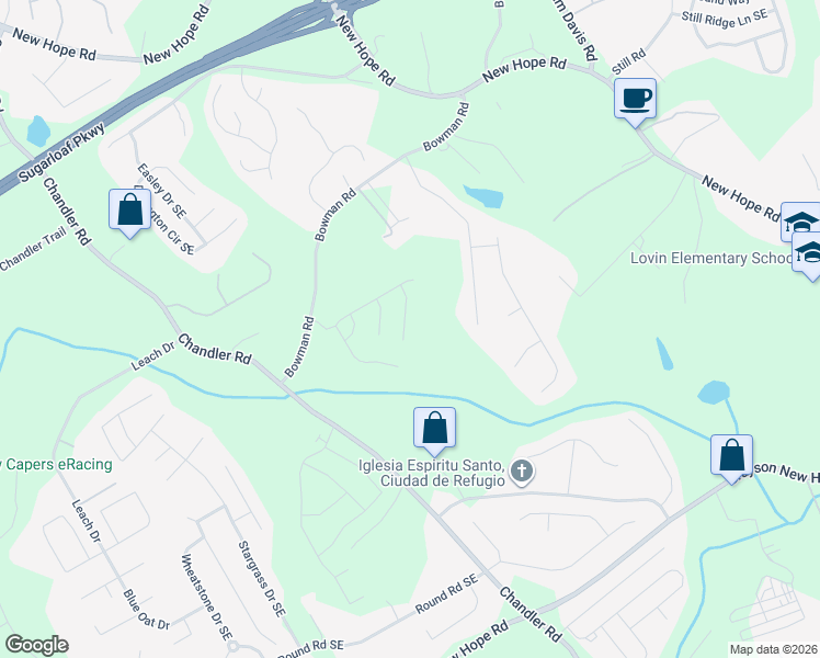 map of restaurants, bars, coffee shops, grocery stores, and more near 1680 Chandler Road in Lawrenceville