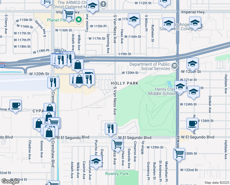 map of restaurants, bars, coffee shops, grocery stores, and more near 12333 South Van Ness Avenue in Hawthorne