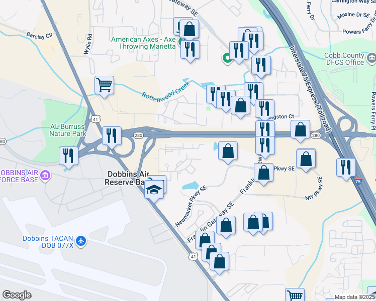 map of restaurants, bars, coffee shops, grocery stores, and more near 1033 Franklin Drive Southeast in Marietta