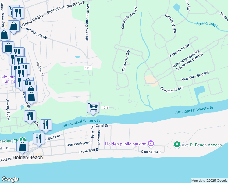 map of restaurants, bars, coffee shops, grocery stores, and more near 3505 Chalmette Drive Southwest in Brunswick County