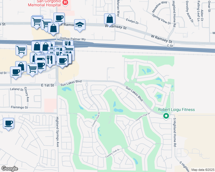 map of restaurants, bars, coffee shops, grocery stores, and more near 5687 Riviera Avenue in Banning