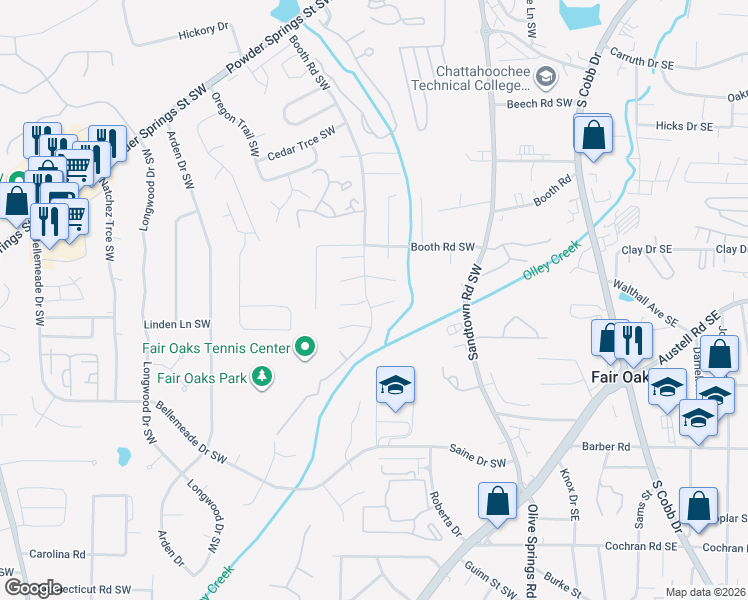 map of restaurants, bars, coffee shops, grocery stores, and more near 1279 West Booth Road Extension Southwest in Marietta