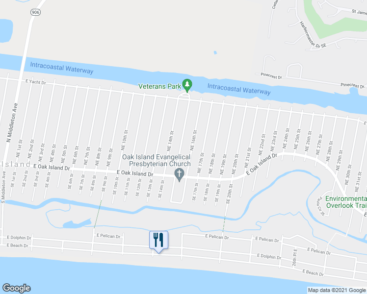 map of restaurants, bars, coffee shops, grocery stores, and more near 122 Northeast 15th Street in Oak Island